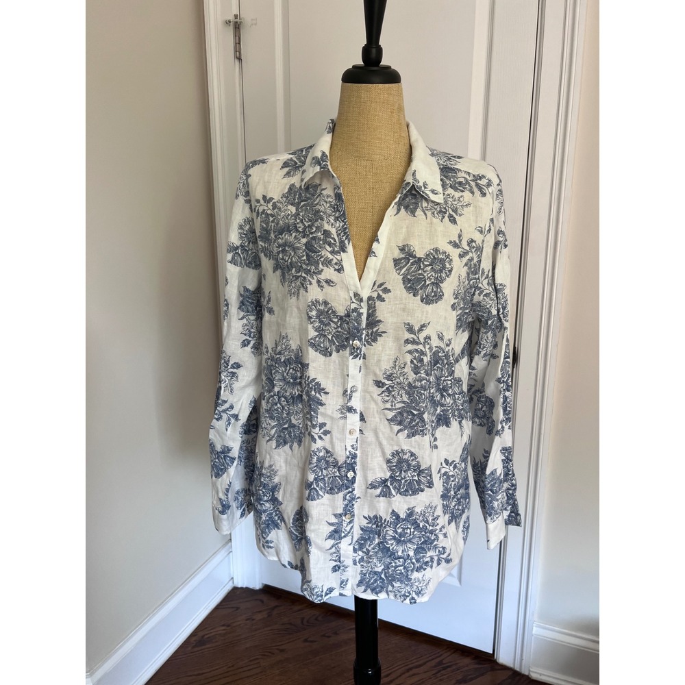 Rachel Zoe 100% Linen Floral Toile Button Down Shirt XL White Blue Vacation